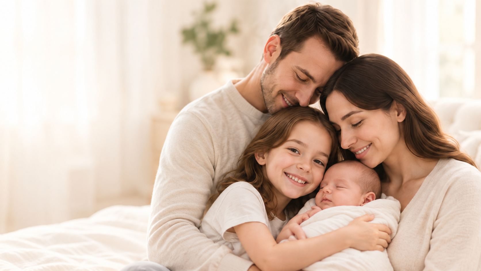 A family sharing a warm moment with their children and newborn baby